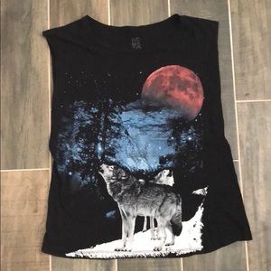 Cutoff t shirt with wolves, moon, trees, stars.